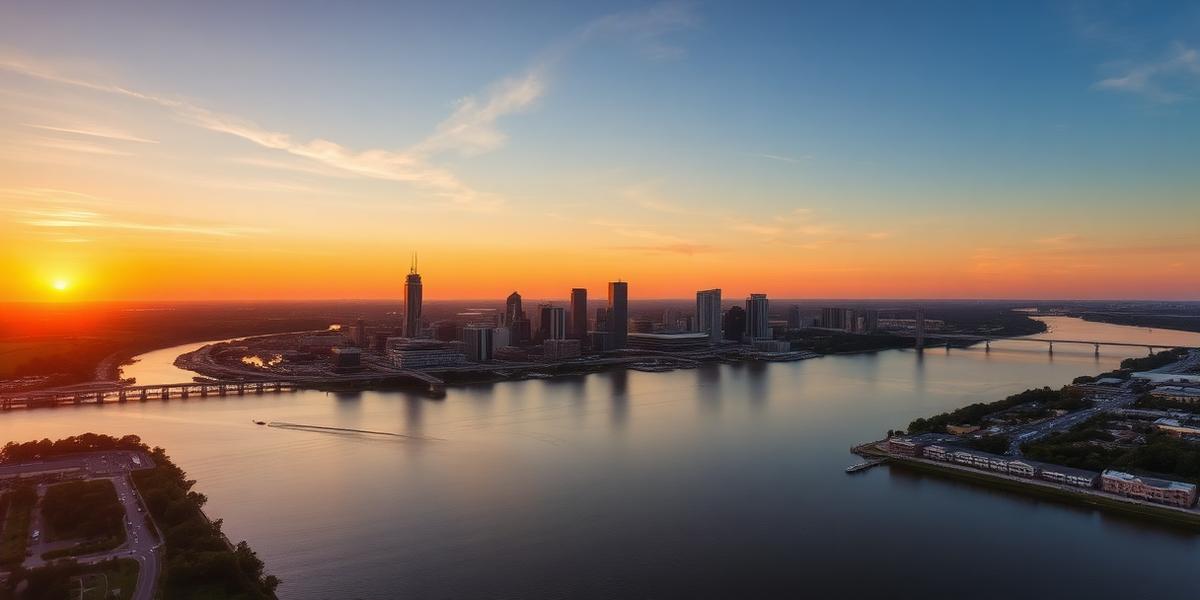 Baton Rouge Louisiana skyline along the Mississippi River at sunset