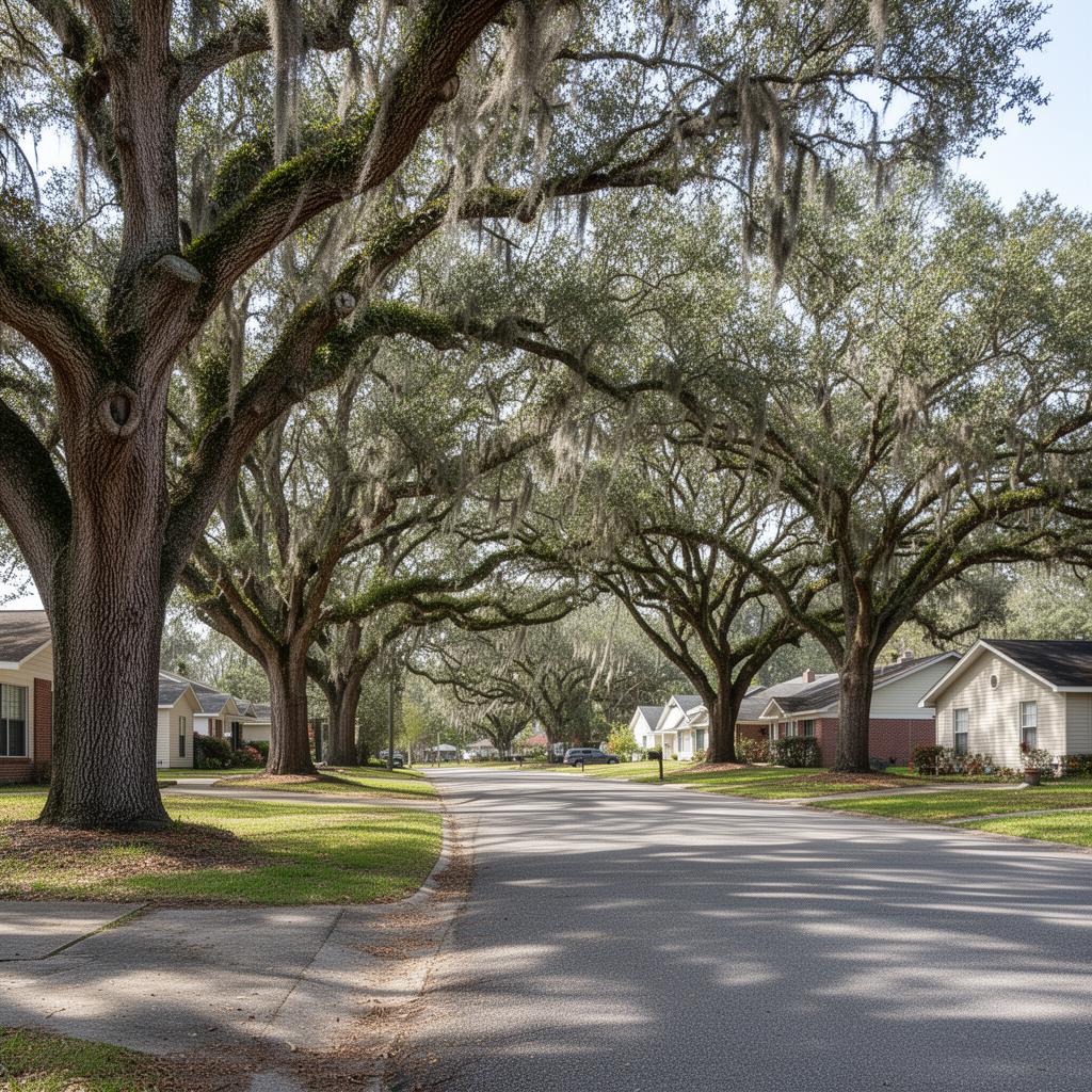 Quiet residential street in Denham Springs Louisiana with mature live oak trees