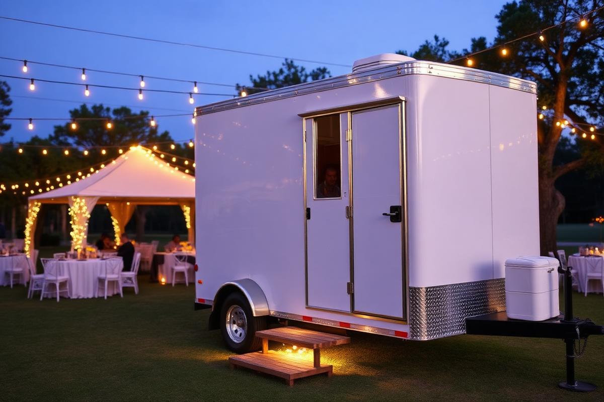 Luxury white restroom trailer set up at an outdoor wedding reception under string lights in Baton Rouge