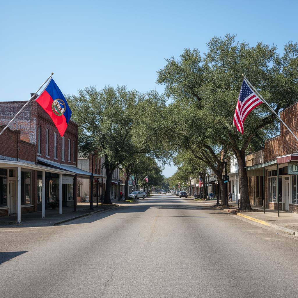Main street in Gonzales Louisiana with shops and Louisiana state flags on a clear day